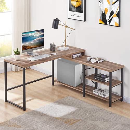 BON AUGURE L Shaped Computer Desk with Storage Shelves, Reversible