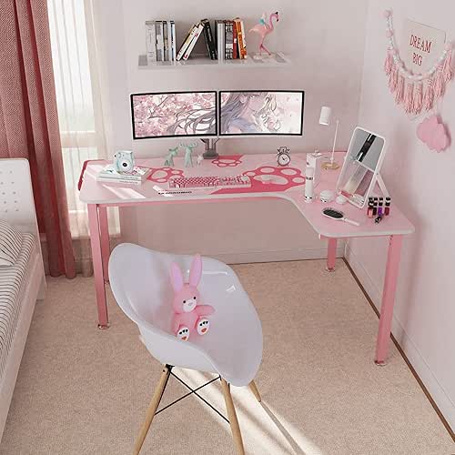 EUREKA ERGONOMIC Gaming Desk Pink,60 Inch Pink L Shaped Gaming