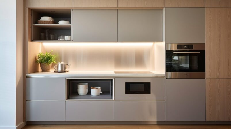 built-in microwave hidden in kitchen cabinet