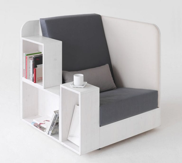 white reading chair with gray cushions