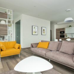 A living room with a brown sofa and an ochre chair.