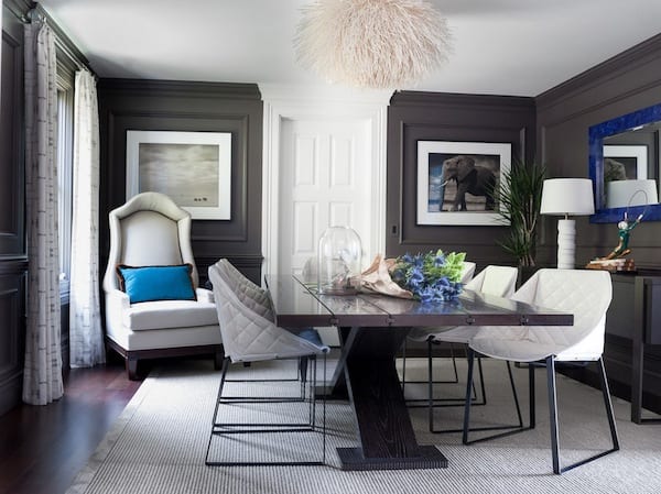 dining room neutral rug dark floors