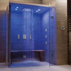 glass shower stall with bench